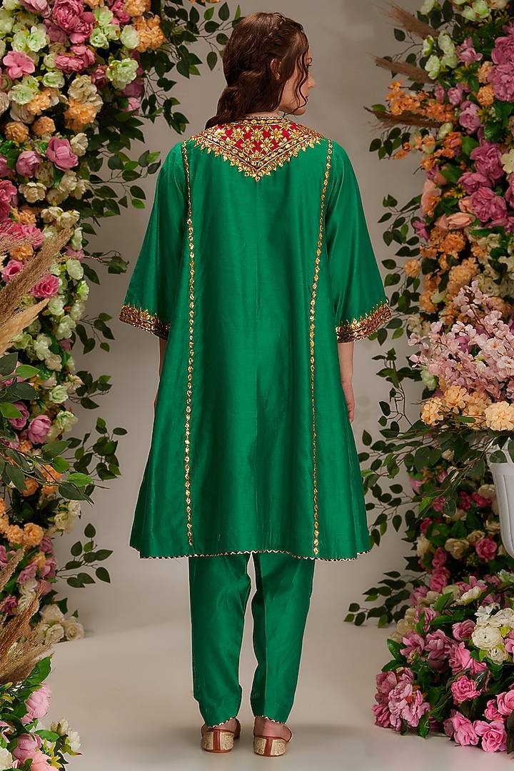 Green Chanderi Hand Work Kalidar Kurta Set by saina kapoor at Pernia's Pop Up Shop