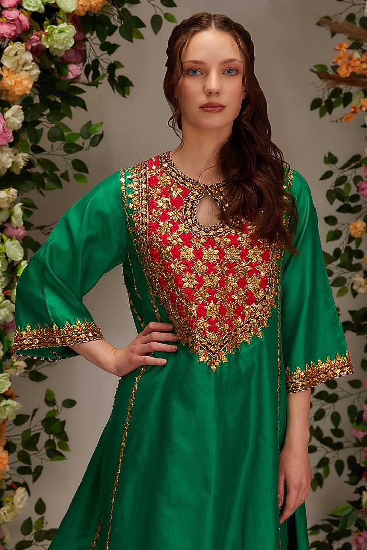 Green Chanderi Hand Work Kalidar Kurta Set by saina kapoor at Pernia's Pop Up Shop
