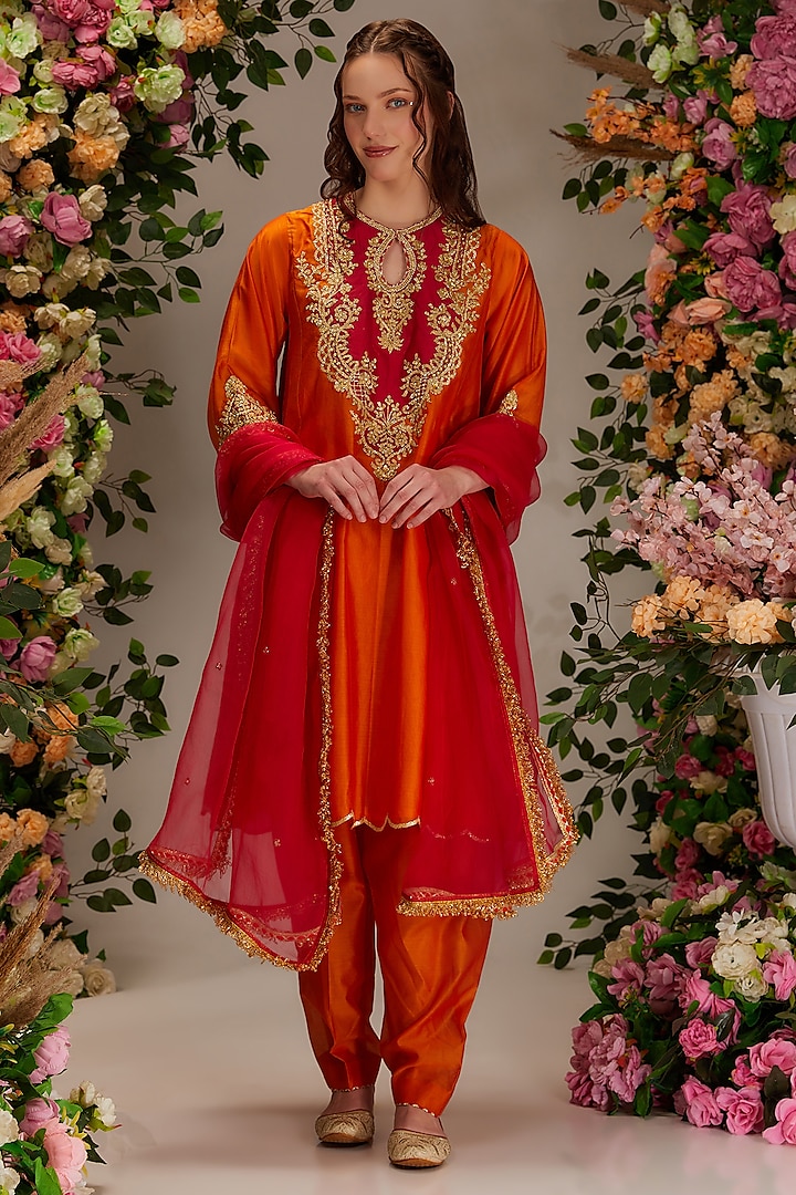 Orange Chanderi Hand Work Kalidar Kurta Set by Preeti S Kapoor at Pernia's Pop Up Shop