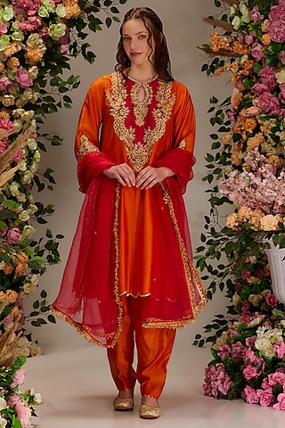 Orange Chanderi Hand Work Kalidar Kurta Set by saina kapoor