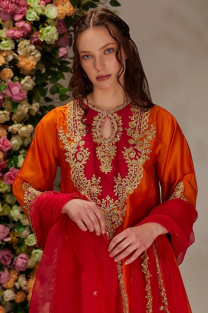 Orange Chanderi Hand Work Kalidar Kurta Set by saina kapoor at Pernia's Pop Up Shop
