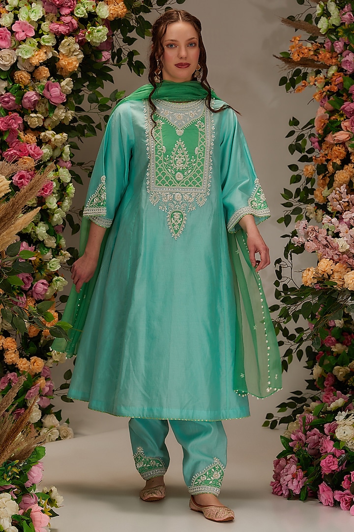 Aqua Chanderi Hand Work Kalidar Kurta Set by Preeti S Kapoor at Pernia's Pop Up Shop