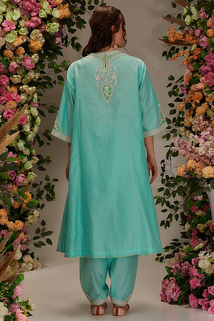 Aqua Chanderi Hand Work Kalidar Kurta Set by saina kapoor at Pernia's Pop Up Shop