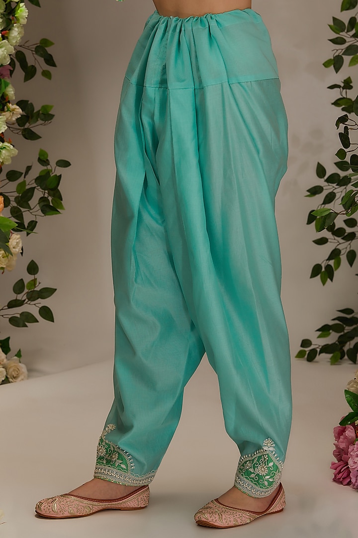 Aqua Chanderi Hand Work Kalidar Kurta Set by saina kapoor at Pernia's Pop Up Shop