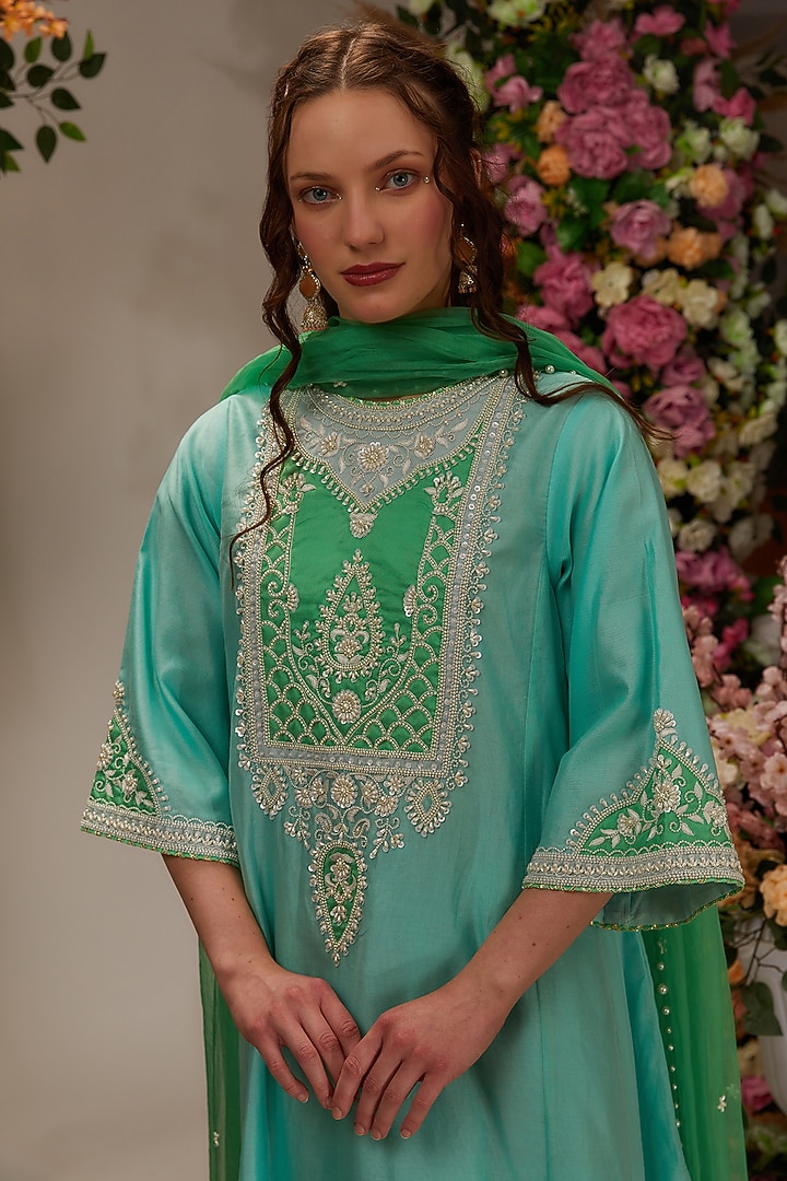 Aqua Chanderi Hand Work Kalidar Kurta Set by saina kapoor at Pernia's Pop Up Shop