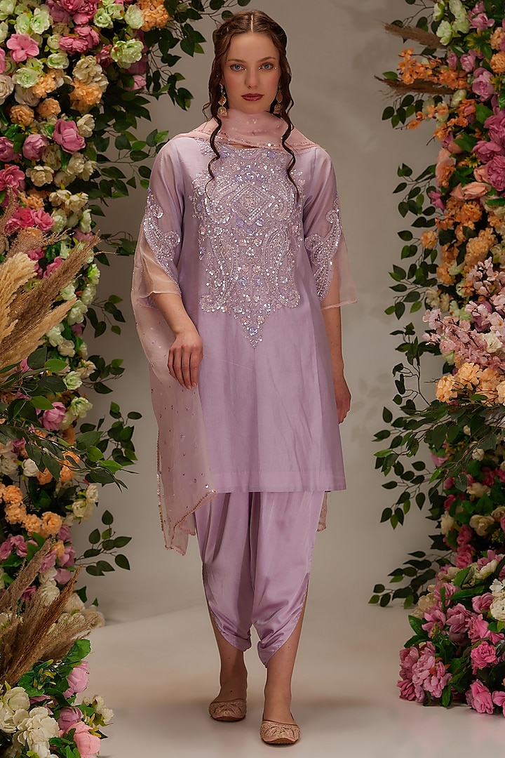 Mauve Chanderi Sequins Work A-Line Kurta Set by Preeti S Kapoor at Pernia's Pop Up Shop