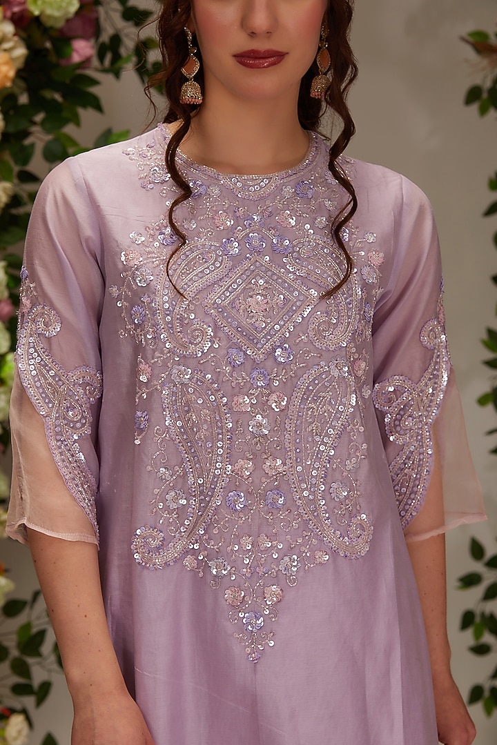 Mauve Chanderi Sequins Work A-Line Kurta Set by saina kapoor at Pernia's Pop Up Shop