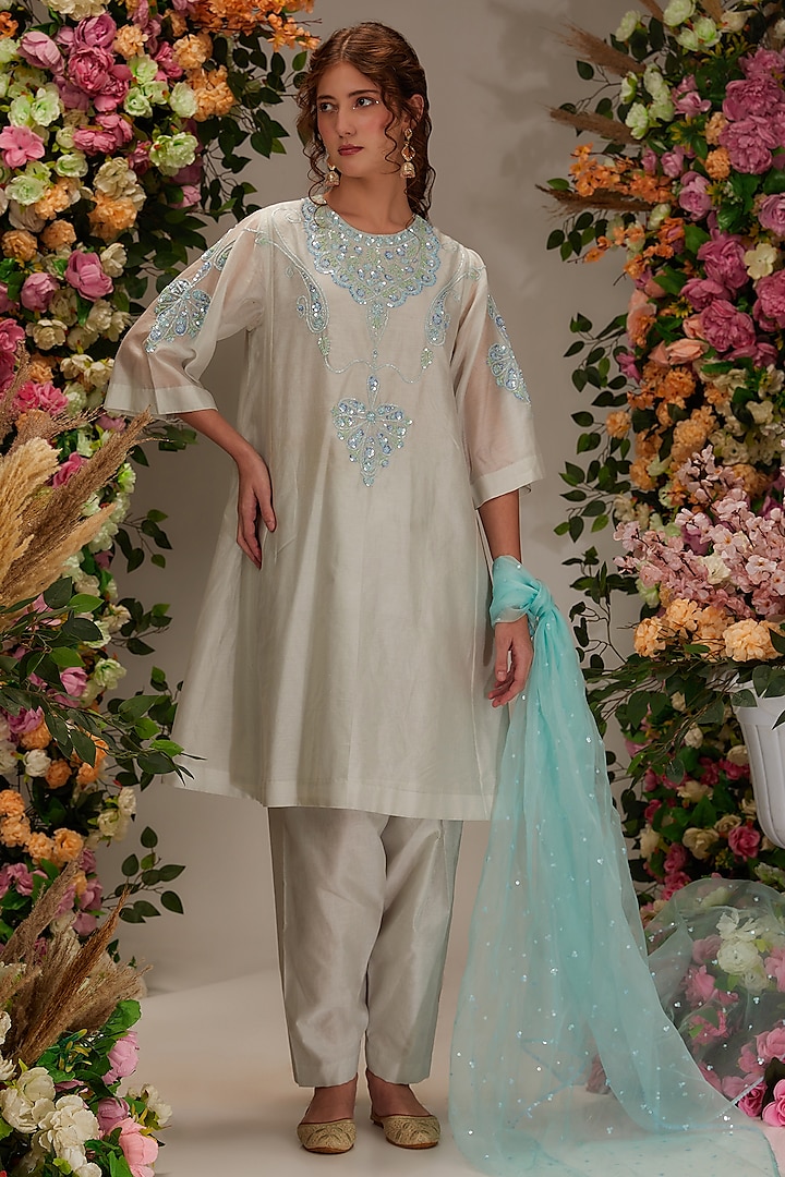 Light Grey Chanderi Sequins Work Kalidar Kurta Set by Preeti S Kapoor at Pernia's Pop Up Shop