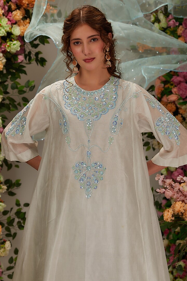 Light Grey Chanderi Sequins Work Kalidar Kurta Set by saina kapoor at Pernia's Pop Up Shop
