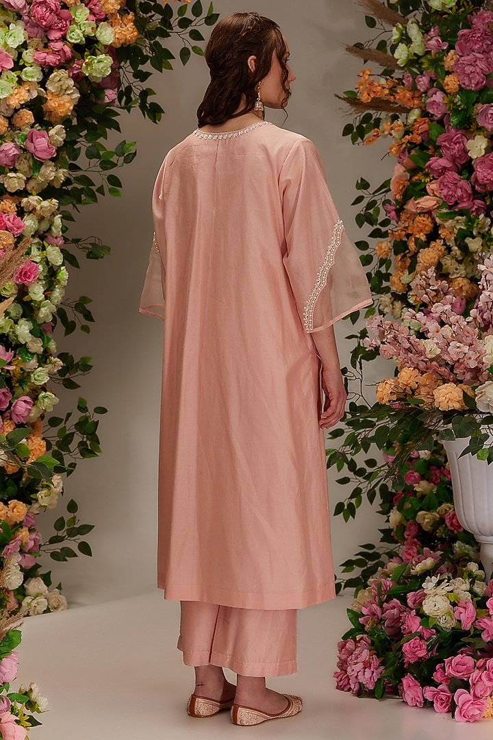 Peach Chanderi Sequins Work Handcrafted Kurta Set by saina kapoor at Pernia's Pop Up Shop