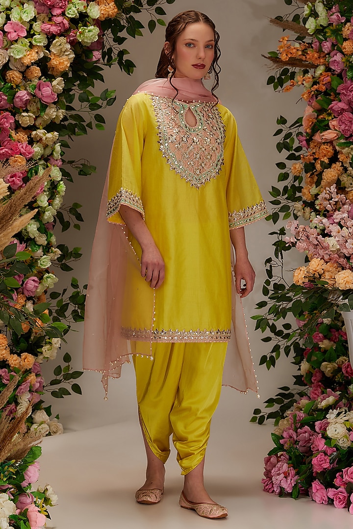 Yellow Chanderi Sequins Work A-Line Kurta Set by Preeti S Kapoor at Pernia's Pop Up Shop