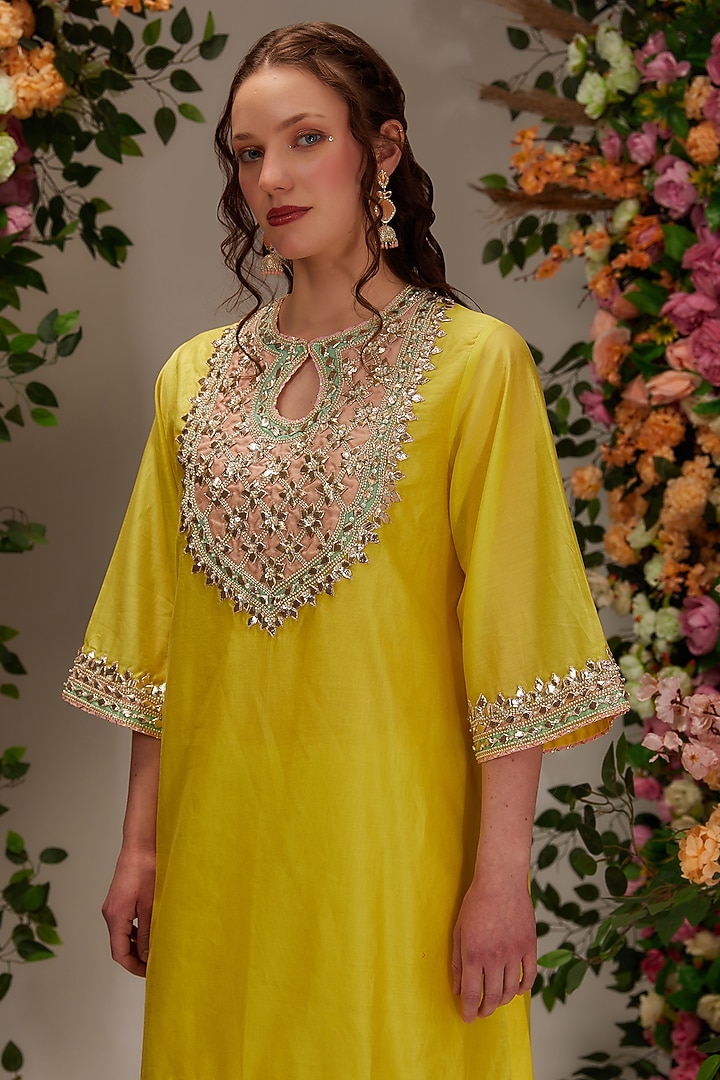 Yellow Chanderi Sequins Work A-Line Kurta Set by saina kapoor at Pernia's Pop Up Shop