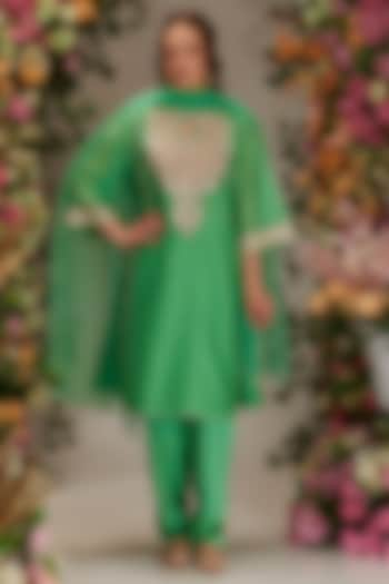 Green Chanderi Gota Work A-Line Kurta Set by Preeti S Kapoor at Pernia's Pop Up Shop