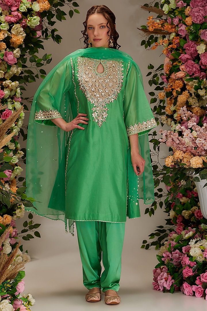 Green Chanderi Gota Work A-Line Kurta Set by Preeti S Kapoor at Pernia's Pop Up Shop