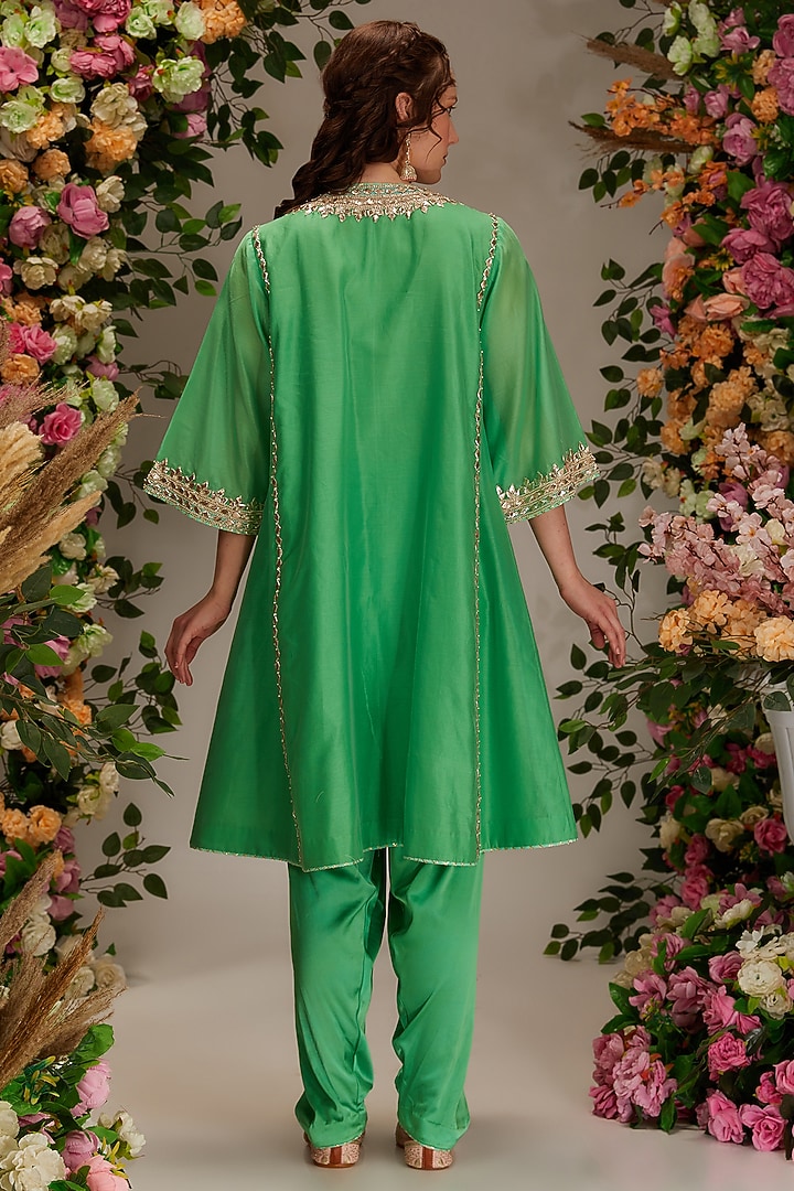 Green Chanderi Gota Work A-Line Kurta Set by saina kapoor at Pernia's Pop Up Shop