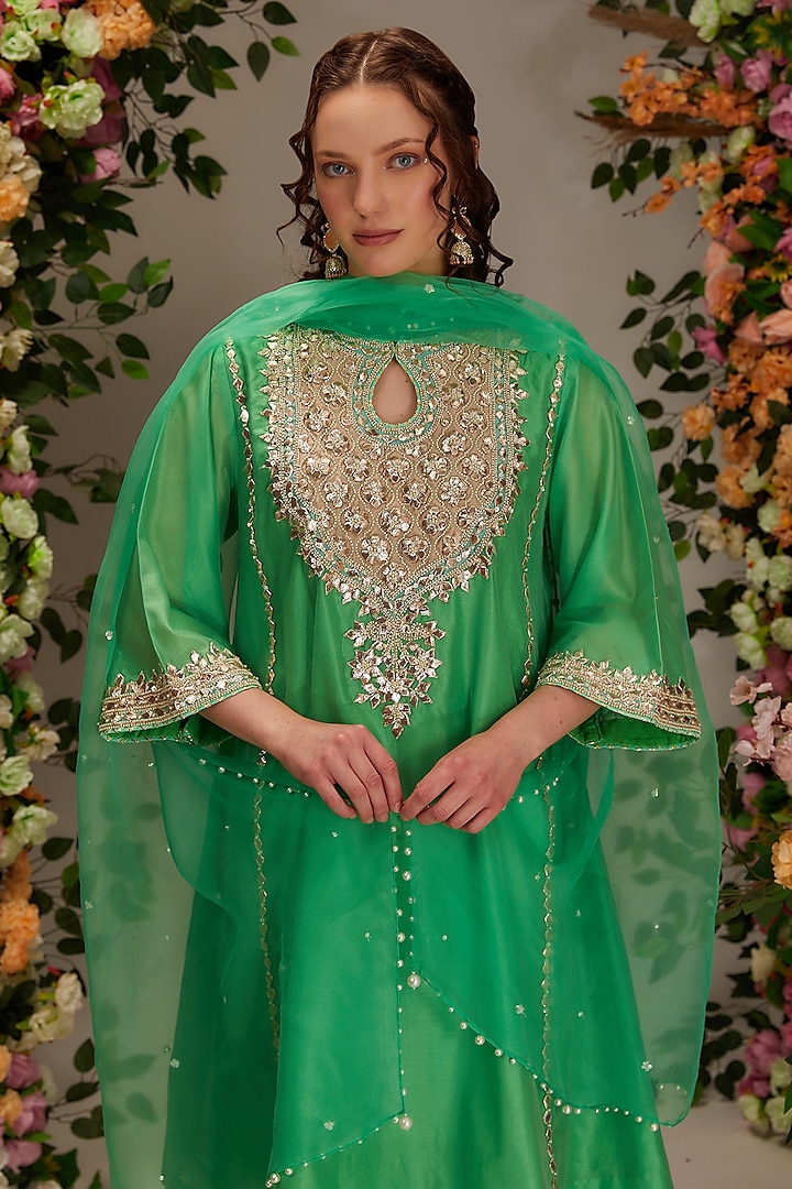 Green Chanderi Gota Work A-Line Kurta Set by saina kapoor at Pernia's Pop Up Shop