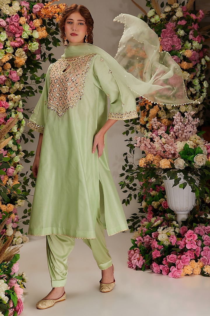 Pista Green Chanderi Gota Work A-Line Kurta Set by Preeti S Kapoor at Pernia's Pop Up Shop