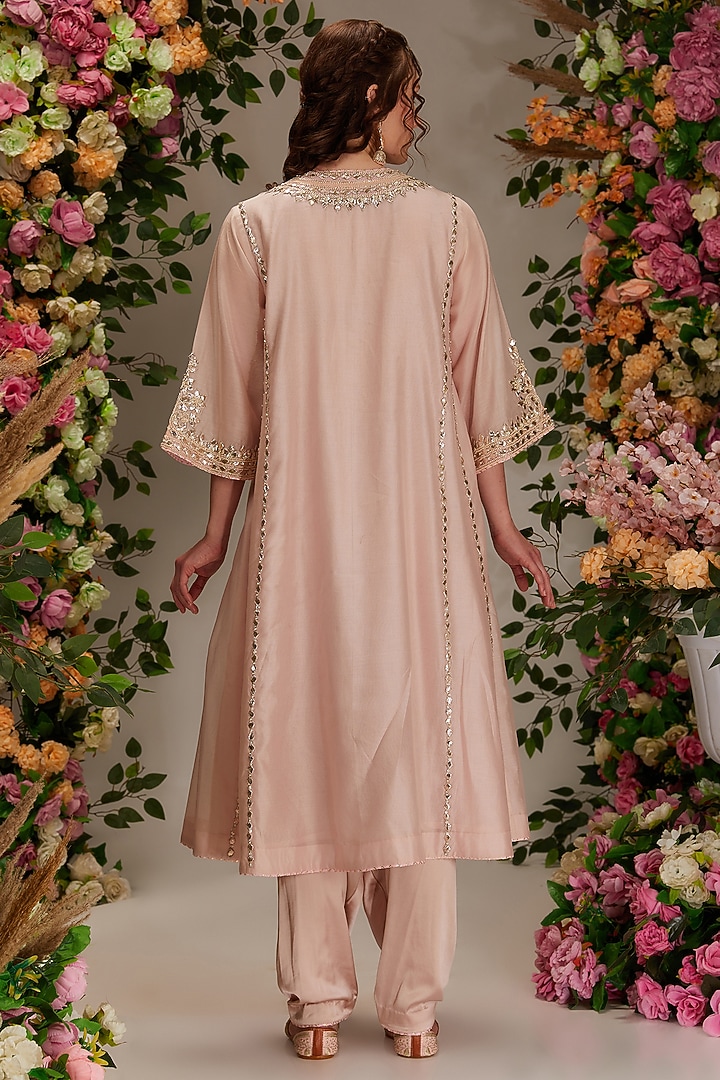 Soft Pink Chanderi Gota Work Kalidar Kurta Set by saina kapoor at Pernia's Pop Up Shop