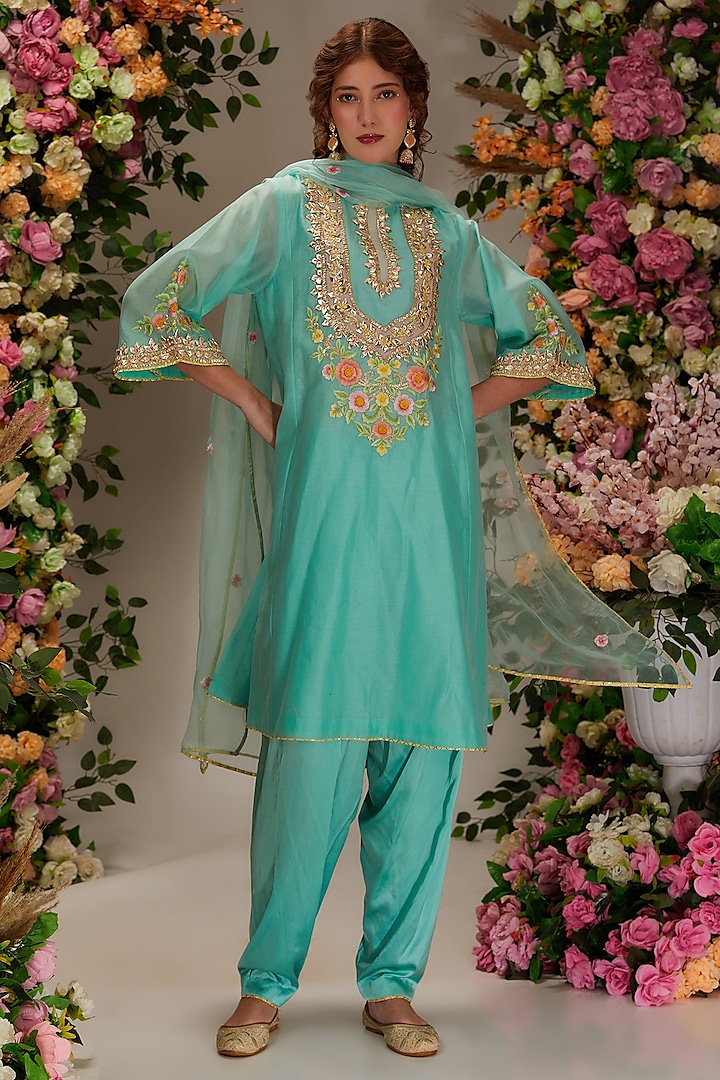 Turquoise Chanderi Gota Work Kalidar Kurta Set by Preeti S Kapoor at Pernia's Pop Up Shop