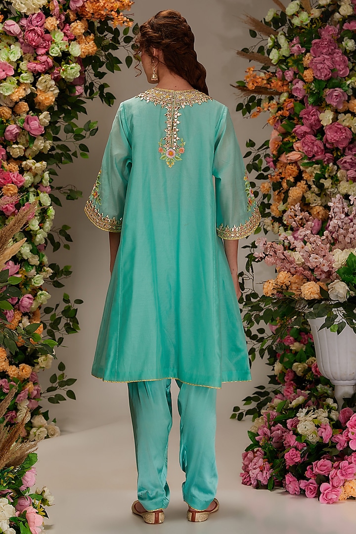 Turquoise Chanderi Gota Work Kalidar Kurta Set by saina kapoor at Pernia's Pop Up Shop