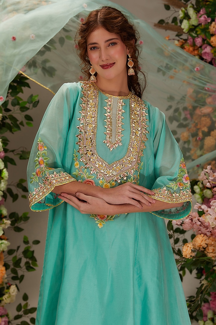 Turquoise Chanderi Gota Work Kalidar Kurta Set by saina kapoor at Pernia's Pop Up Shop