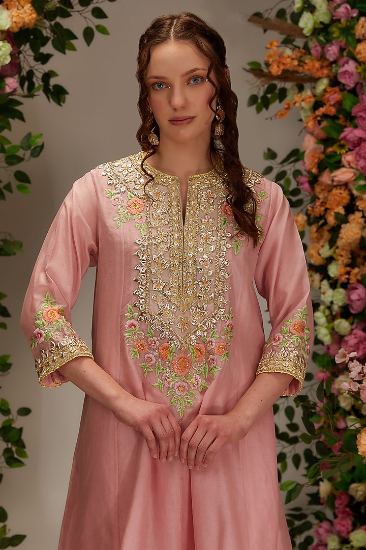 Pink Chanderi Gota Work Kurta Set by saina kapoor at Pernia's Pop Up Shop