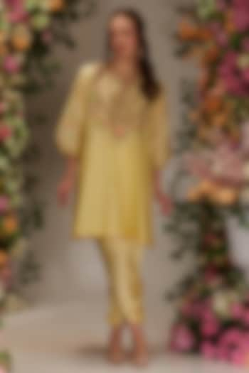 Yellow Chanderi Resham Embroidered Kurta Set by Preeti S Kapoor