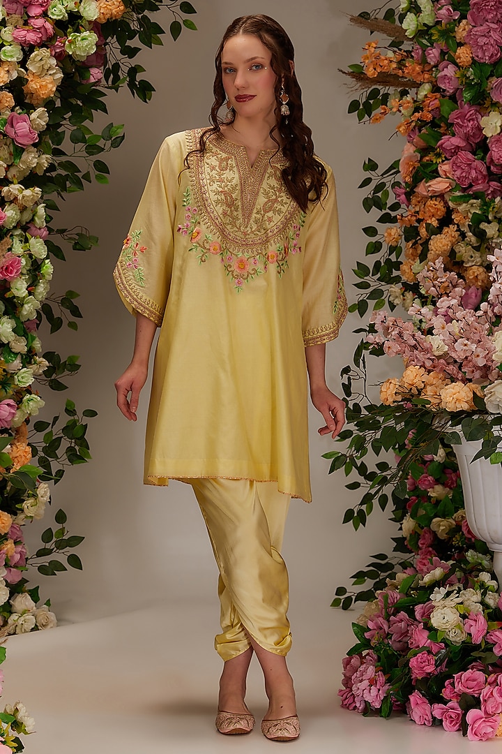 Yellow Chanderi Resham Embroidered Kurta Set by Preeti S Kapoor