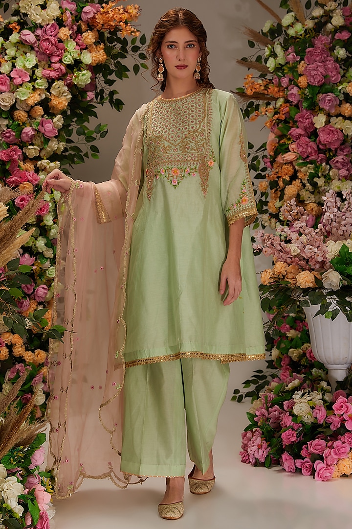 Pista Green Chanderi Resham Embroidered Kurta Set by Preeti S Kapoor at Pernia's Pop Up Shop