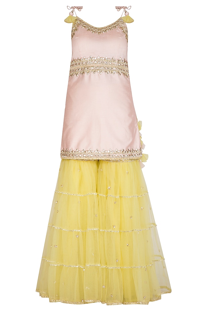 Soft Pink & Yellow Embroidered Gharara Set by Preeti S Kapoor