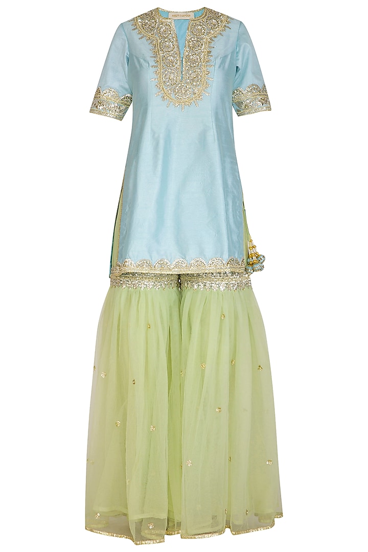 Turquoise & Pista Green Embroidered Gharara Set by Preeti S Kapoor