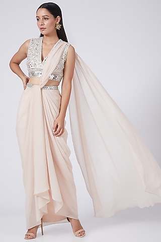 Nude Pink Georgette Mirror Embroidered Draped Saree Set by Preeti S Kapoor