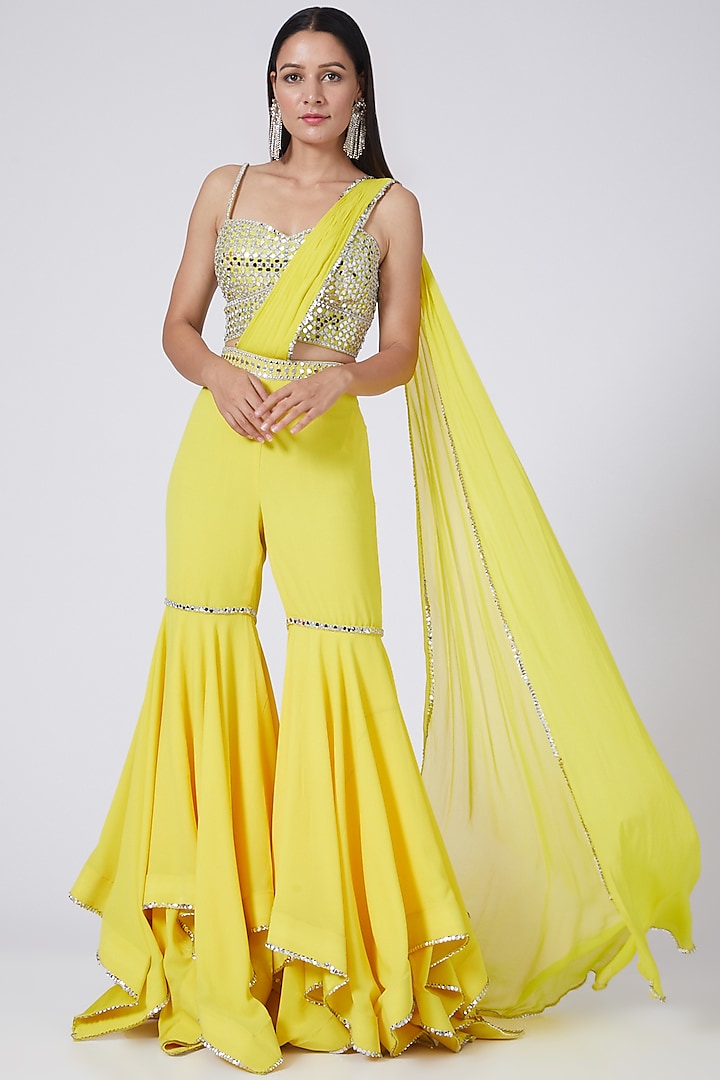 Yellow Embroidered Draped Gharara Set by Preeti S Kapoor