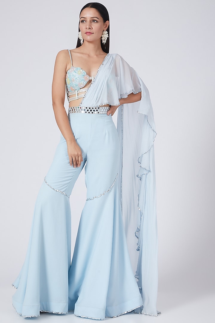 Ice Blue Embroidered Draped Gharara Set by Preeti S Kapoor at Pernia's Pop Up Shop