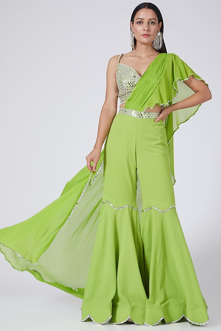 Lime Green Embroidered Draped Gharara Set by Preeti S Kapoor