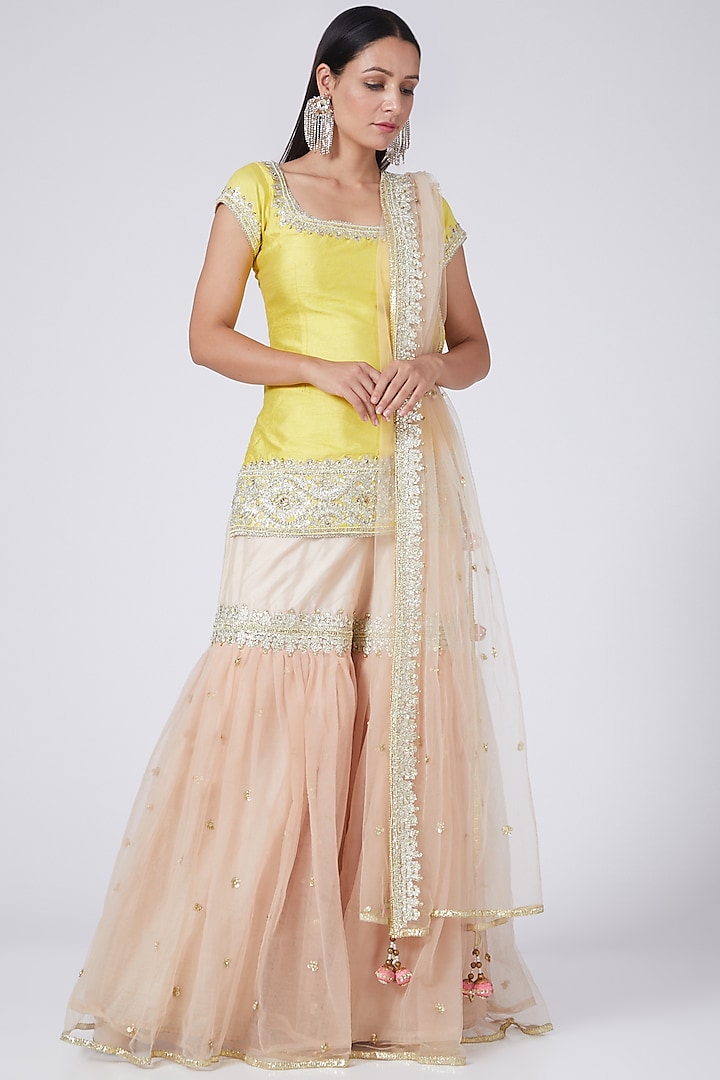 Yellow & Nude Pink Embroidered Gharara Set by Preeti S Kapoor