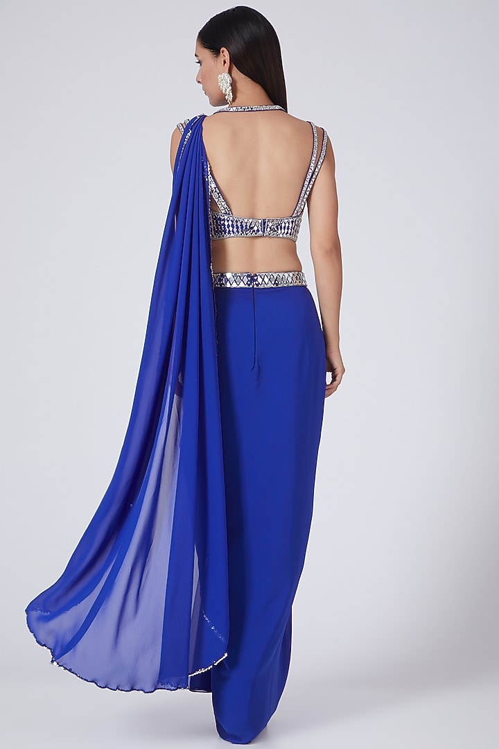 Cobalt Blue Embroidered Draped Wedding Saree Set by Preeti S Kapoor at Pernia's Pop Up Shop