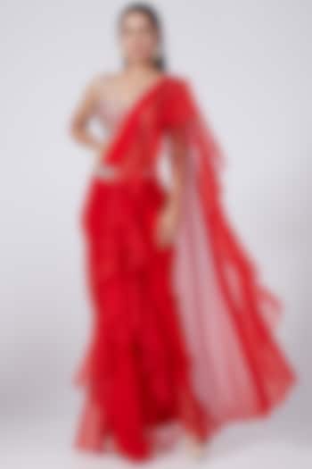 Red Georgette Draped Saree Set by Preeti S Kapoor