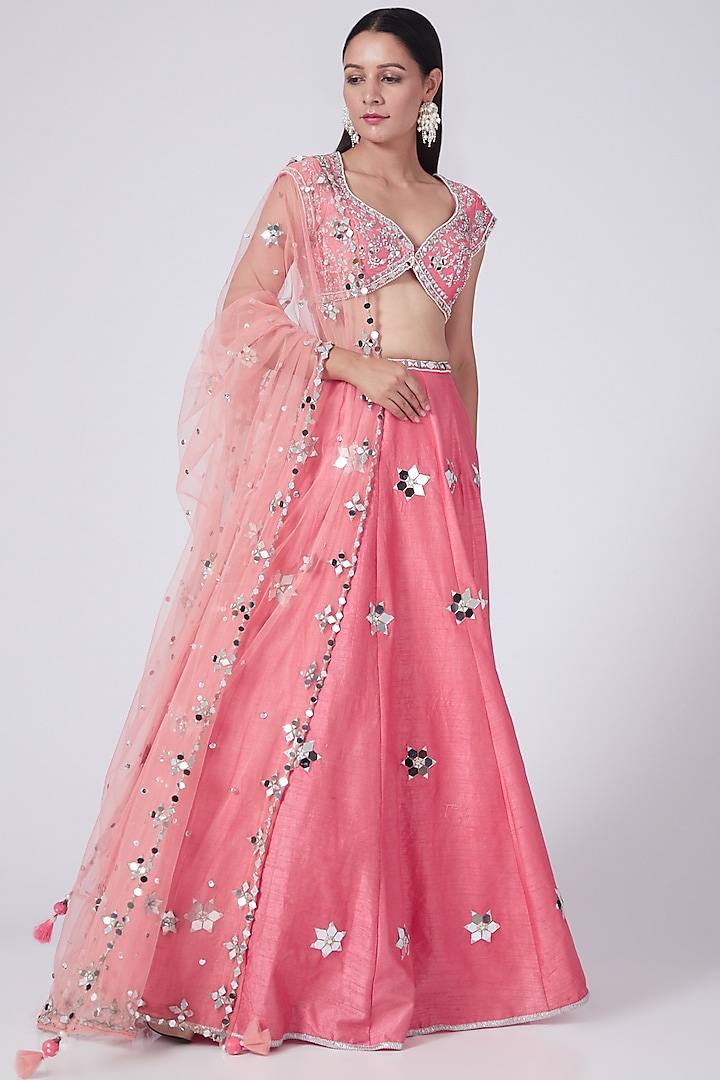 Coral Pink Embroidered Lehenga Set by Preeti S Kapoor