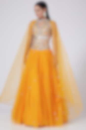 Cheese Orange Sequins Embroidered Lehenga Set by Preeti S Kapoor