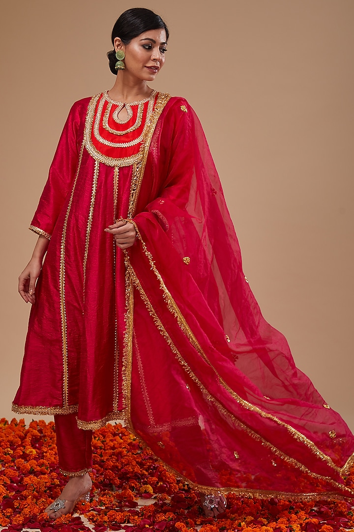 Fuchsia Dupion & Organza Gota Lace Work Party Wear Anarkali Set by Preeti S Kapoor at Pernia's Pop Up Shop