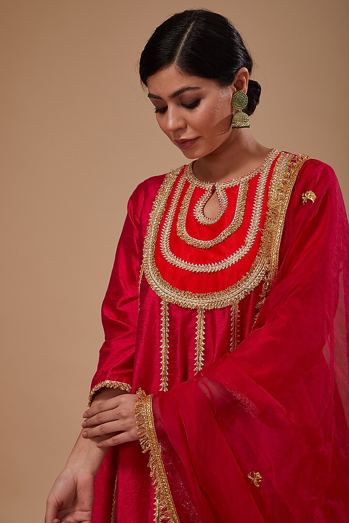 Fuchsia Dupion & Organza Gota Lace Work Party Wear Anarkali Set by Preeti S Kapoor at Pernia's Pop Up Shop