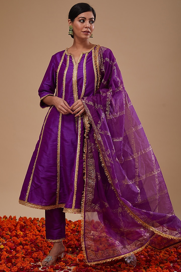 Purple Dupion & Organza Lace Work Party Wear Anarkali Set by Preeti S Kapoor at Pernia's Pop Up Shop