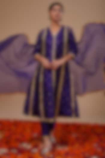 Midnight Blue Dupion & Organza Block Printed Party Wear Anarkali Set by Preeti S Kapoor at Pernia's Pop Up Shop