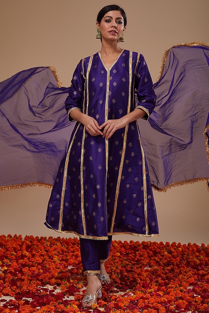 Midnight Blue Dupion & Organza Block Printed Party Wear Anarkali Set by Preeti S Kapoor at Pernia's Pop Up Shop