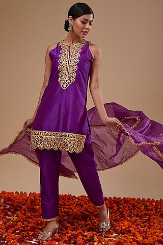 Purple Dupion & Organza Sequins Work Kurta Set by Preeti S Kapoor