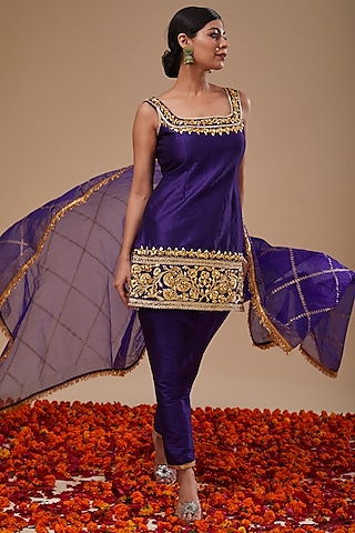 Blue Dupion & Organza Sequins Work Kurta Set by Preeti S Kapoor
