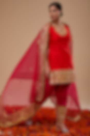 Red Dupion & Organza Sequins Work Kurta Set by Preeti S Kapoor at Pernia's Pop Up Shop
