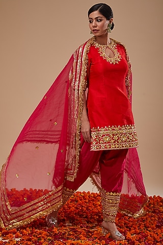 Red Dupion & Organza Sequins Work Kurta Set by Preeti S Kapoor