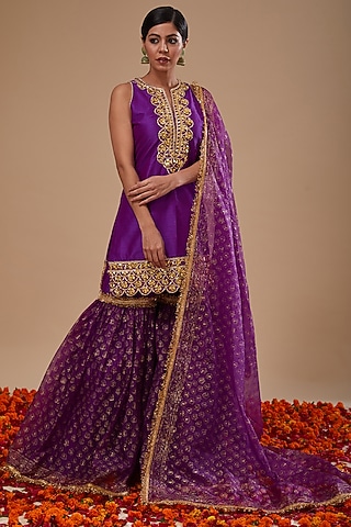 Purple Dupion & Organza Block Printed Gharara Set by Preeti S Kapoor